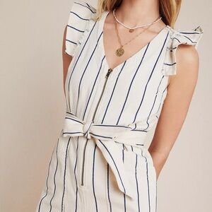 Anthropologie Striped Hedda Jumpsuit Cotton Blue White Wide Leg Ruffle Sleeve XS